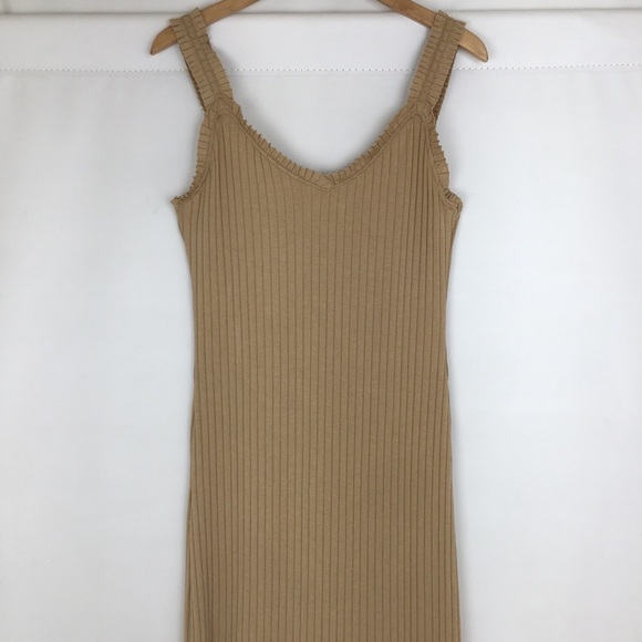 Y2K Ribbed Maxi Tank Dress Bodycon Tan High Slit Ruffle Straps Women’s Size XL - Picture 2 of 10